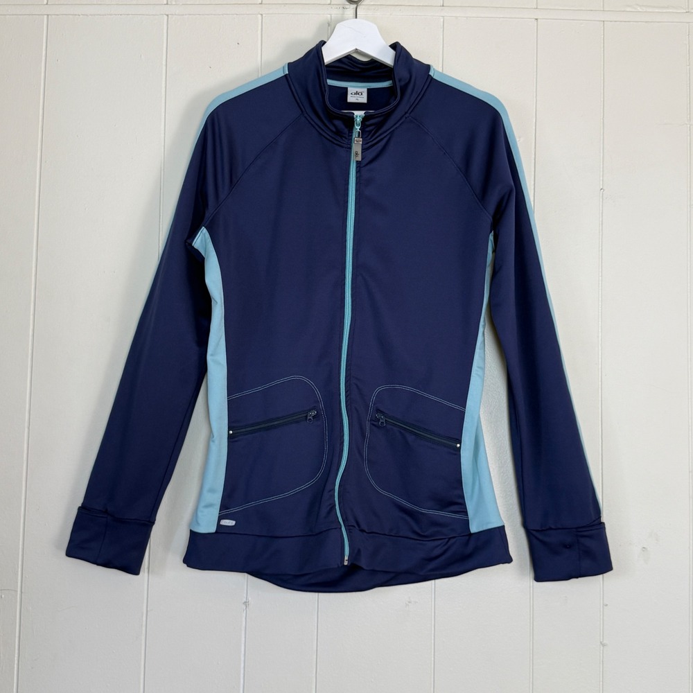 Alo CoolFit Womens Track Jacket Navy Full Zip Thumbholes Back Pocket‎ Size XL